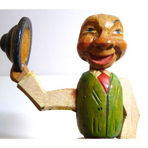 ANRI Mechanical Hat Tipping Bottle Stopper Wood Carved Puppet Barware Cork Green